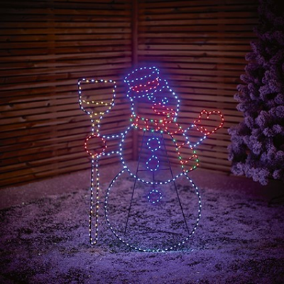 A lit snowman decoration with multicolored LED lights, holding a sign and a snowball, displayed outdoors at dusk.