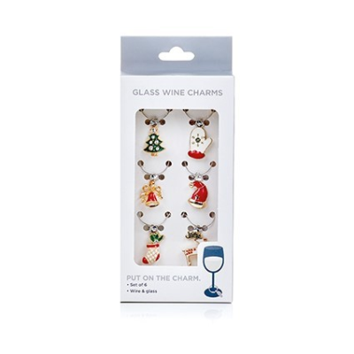 Packaged glass wine charms with Christmas designs on a white background