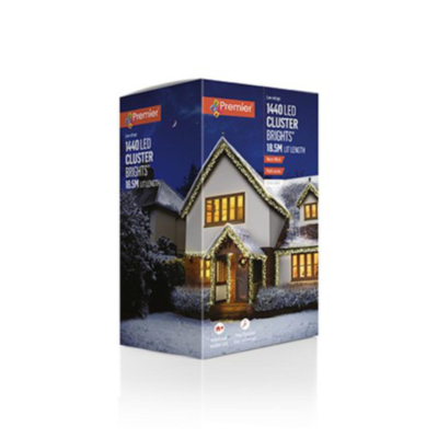 Premier 1440 LED Cluster Brights Christmas Lights Warm White Clear Cable