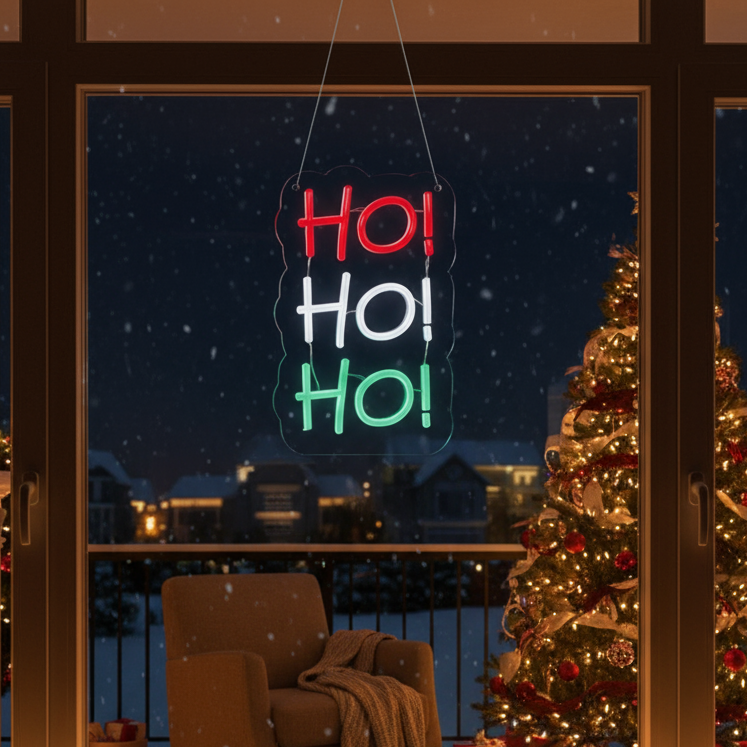Neon sign with 'HO! HO! HO!' text in front of a decorated Christmas tree at night.