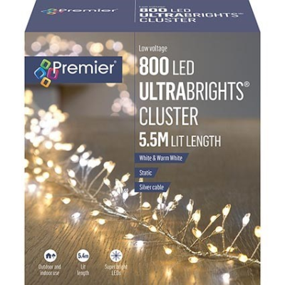 Premier 800 White & Warm White LED Ultrabright Christmas Cluster Lights