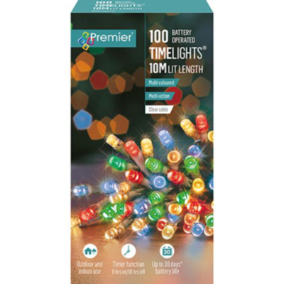Premier TimeLights 100 Multi-Coloured LED Clear Cable Christmas String Lights