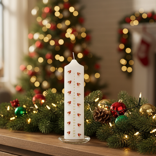 Robin Christmas Advent White Candle with Glass Holder