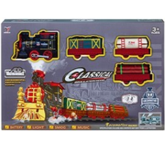 Image of steam train box  decorated with engines and goods carriages.