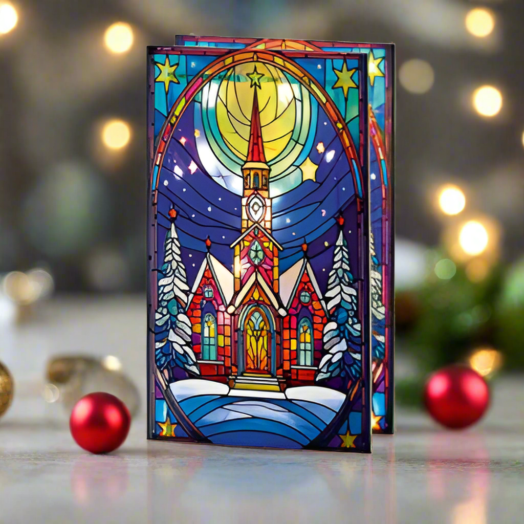 Stained glass-style Christmas card with a church and snowy landscape, surrounded by festive decorations.
