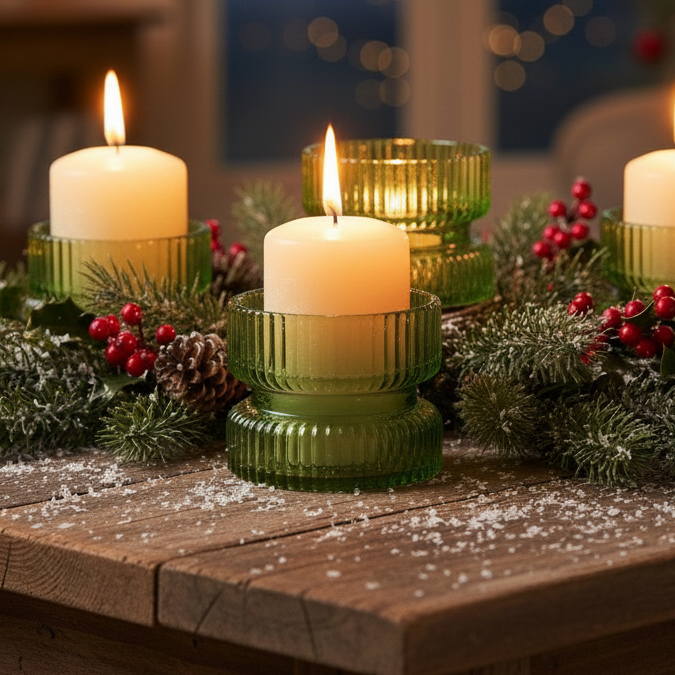 A green glass candle holder with a diameter of 9cm.