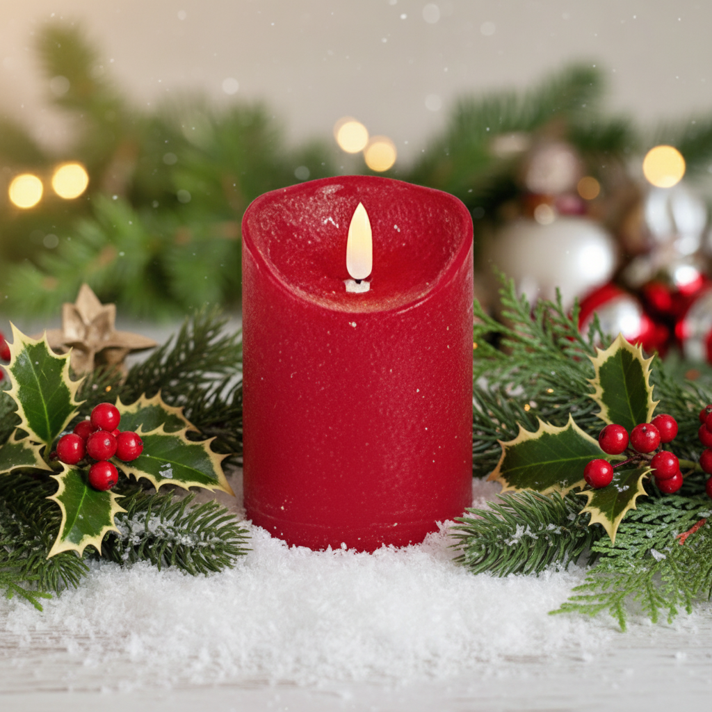 A red cylindrical LED candle with a textured effect, sitting on a surface with Christmas decorations in the background, including a tree and presents.