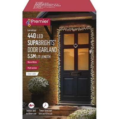 Premier Warm White LED Supabrights Christmas Door Garland 5.5m