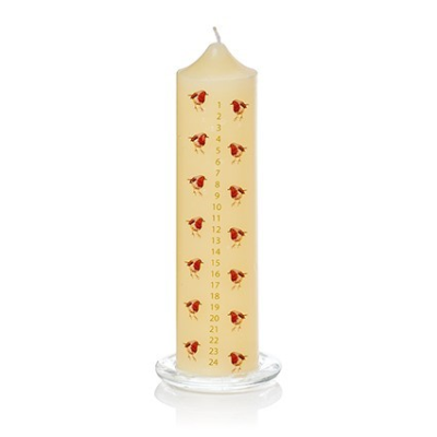 Christmas Advent Candle with Robin Pattern and Glass Holder
