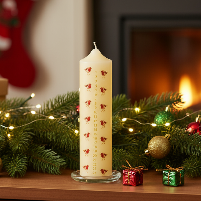 Christmas Advent Candle with Robin Pattern and Glass Holder