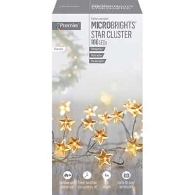 Premier 160 Microbrights Vintage Gold Star Christmas Cluster Lights