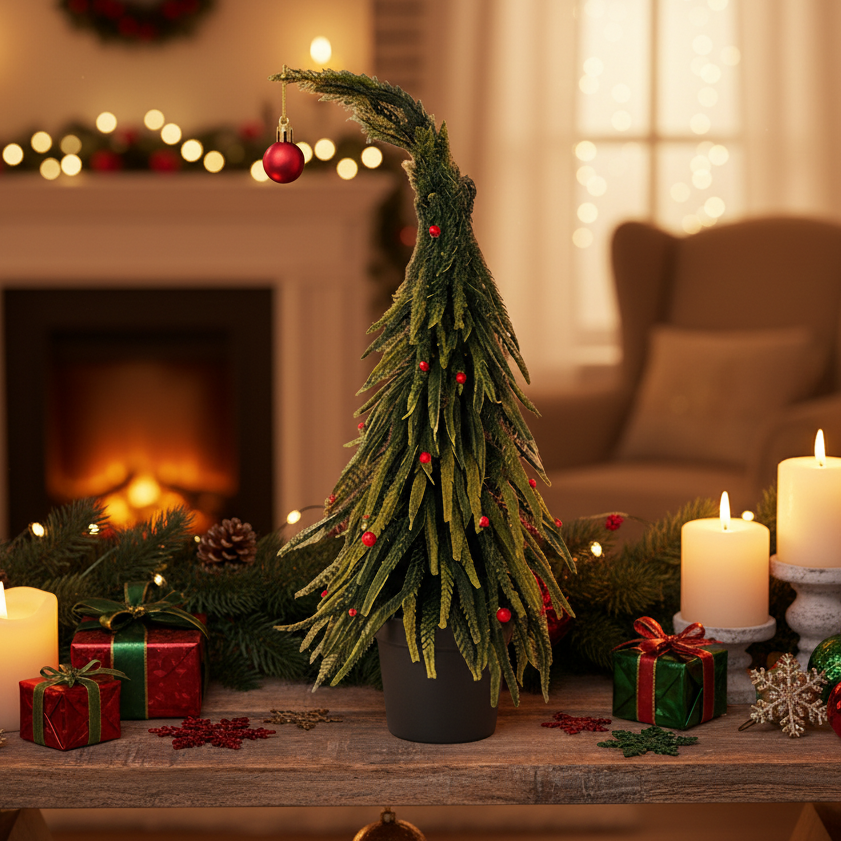 Leaning Christmas Tree with Red Baubles 35cm