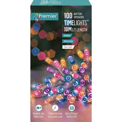 Premier TimeLights 100 Rainbow LED Clear Cable Christmas String Lights