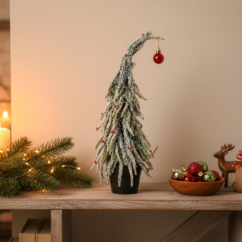 Frosted Leaning Christmas Tree with Red Baubles 35cm
