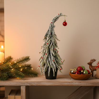 Frosted Leaning Christmas Tree with Red Baubles 35cm