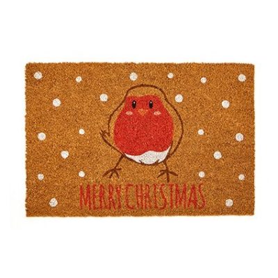A rectangular Christmas-themed door mat with a merry Christmas message, featuring a red robin bird design on a brown background with white polka dots.