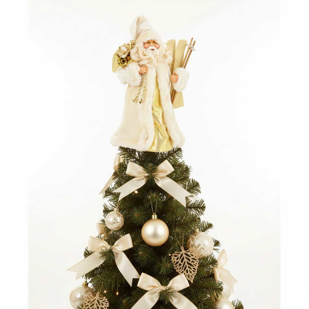 Decorative Christmas tree with Santa Claus figure and ornaments on a white background