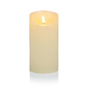 A cream-colored, textured, battery-operated LED candle with a warm white flame effect, designed to mimic a real flame.