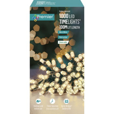 Premier 1000 Warm White Timelights Battery Operated Christmas String Lights