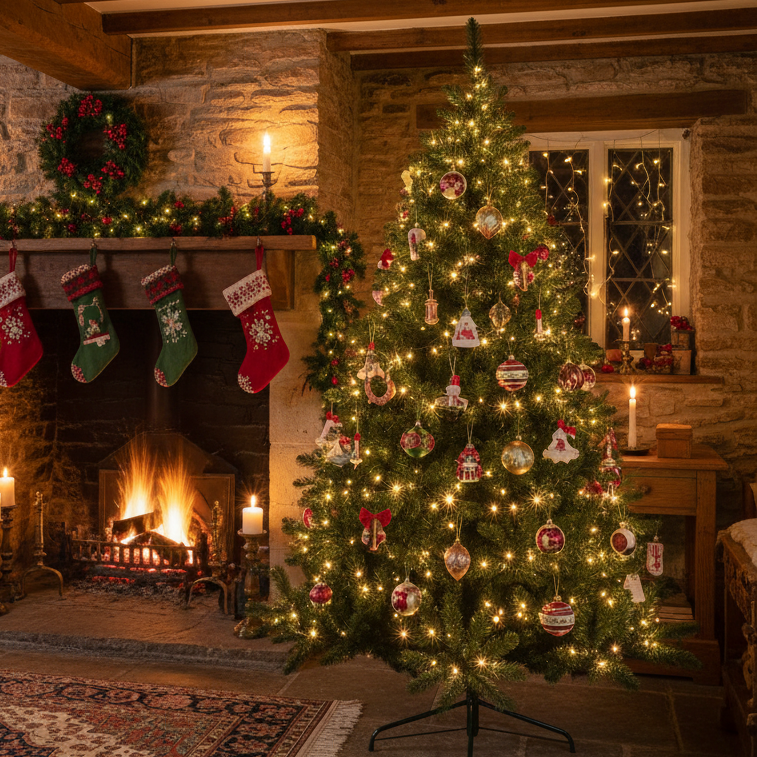 A 6-foot tall Woodcote Spruce Christmas tree with PVC-tipped branches and a metal folding stand.