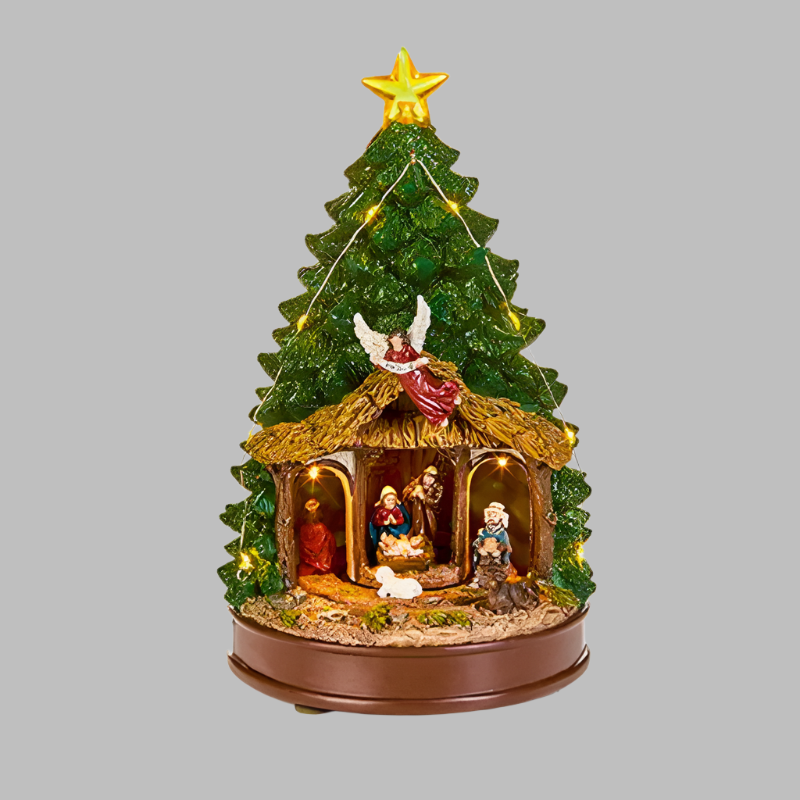 Decorative Christmas tree with nativity scene and angel on a white background