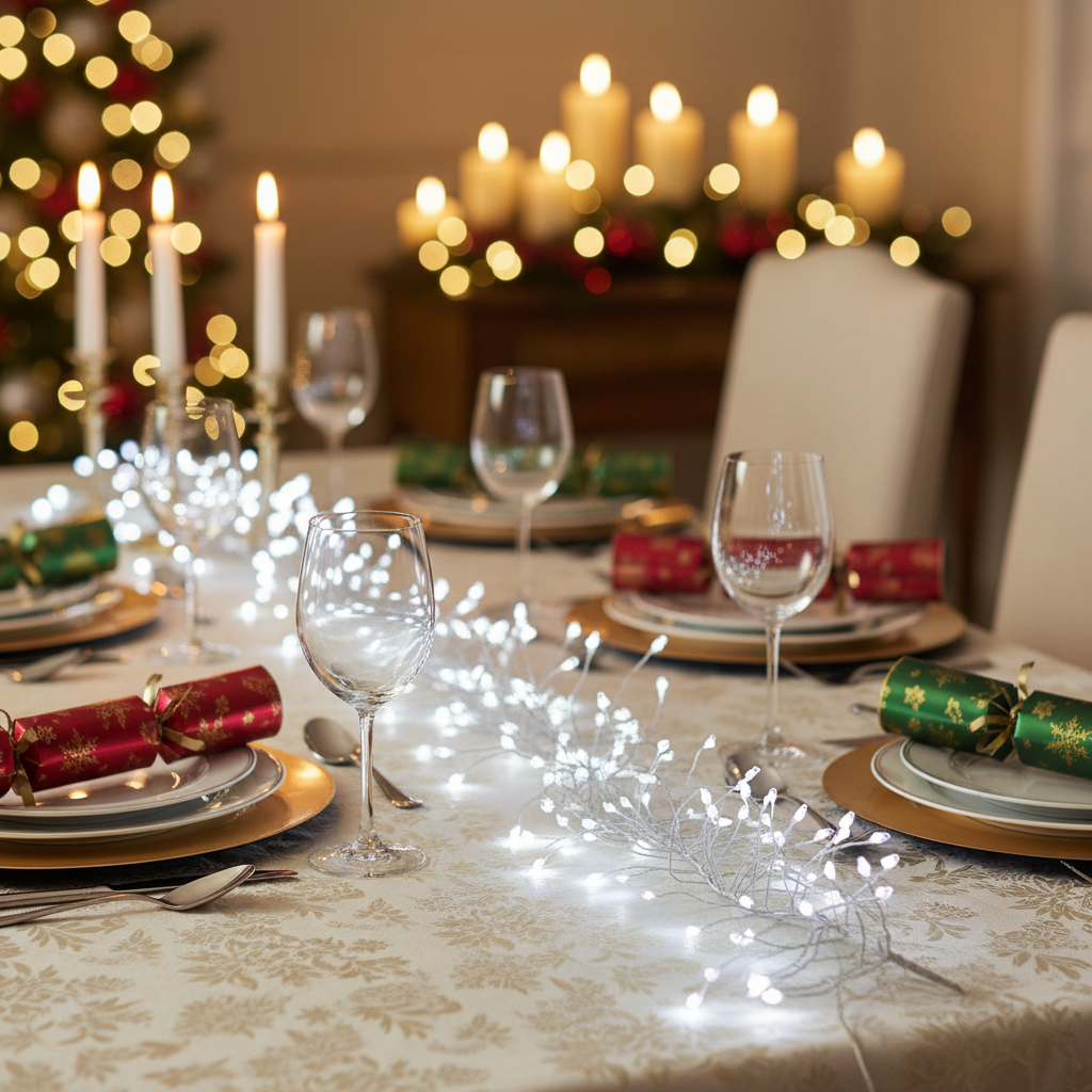 A silver wire garland featuring multiple white LED lights, designed for lighting in home or garden settings.