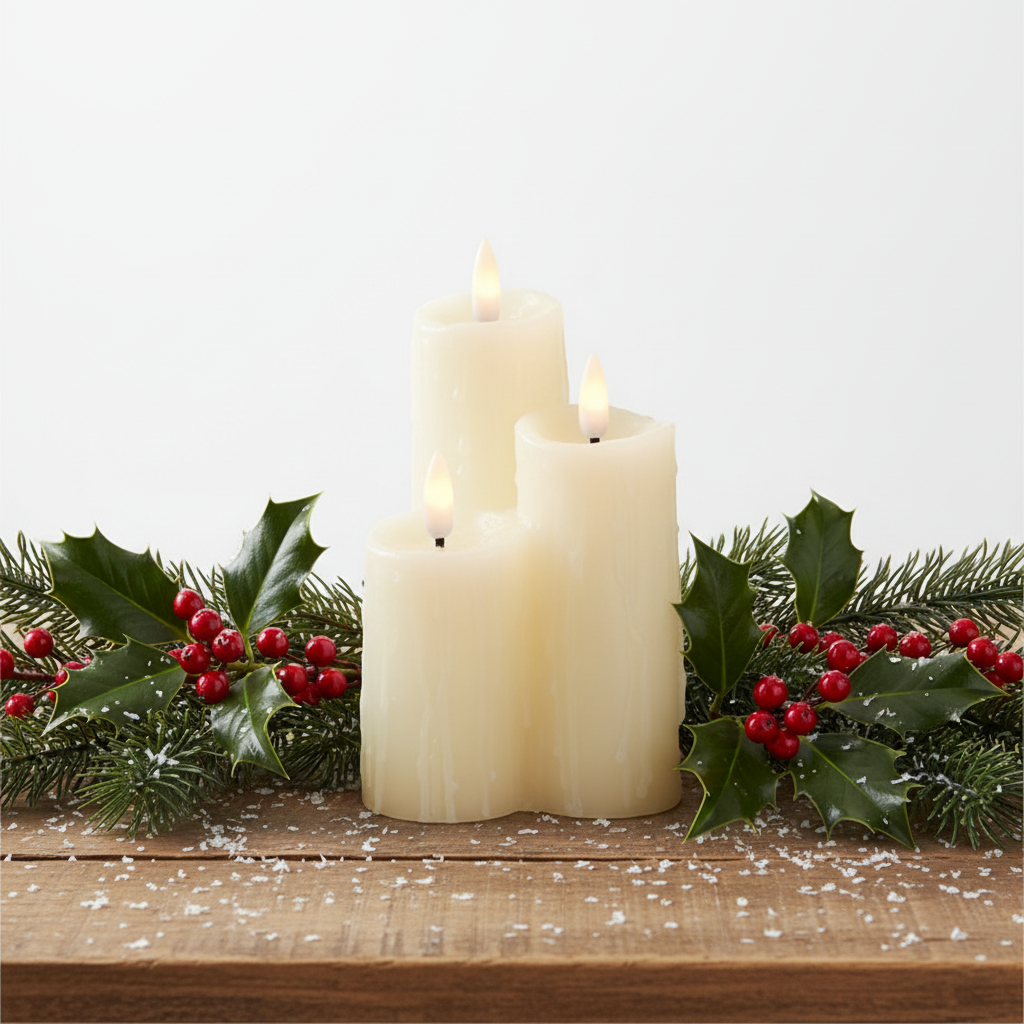 Three white candles with a holly leaf and berry garland on a wooden surface.