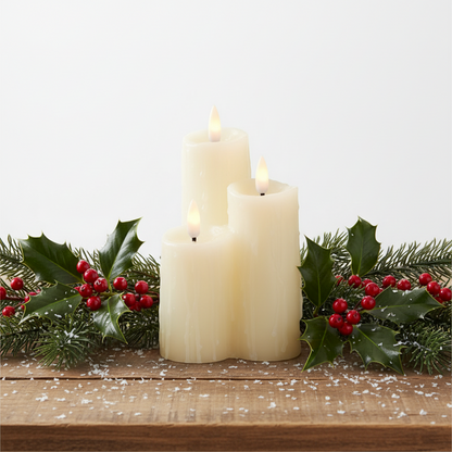 Three white candles with a holly leaf and berry garland on a wooden surface.