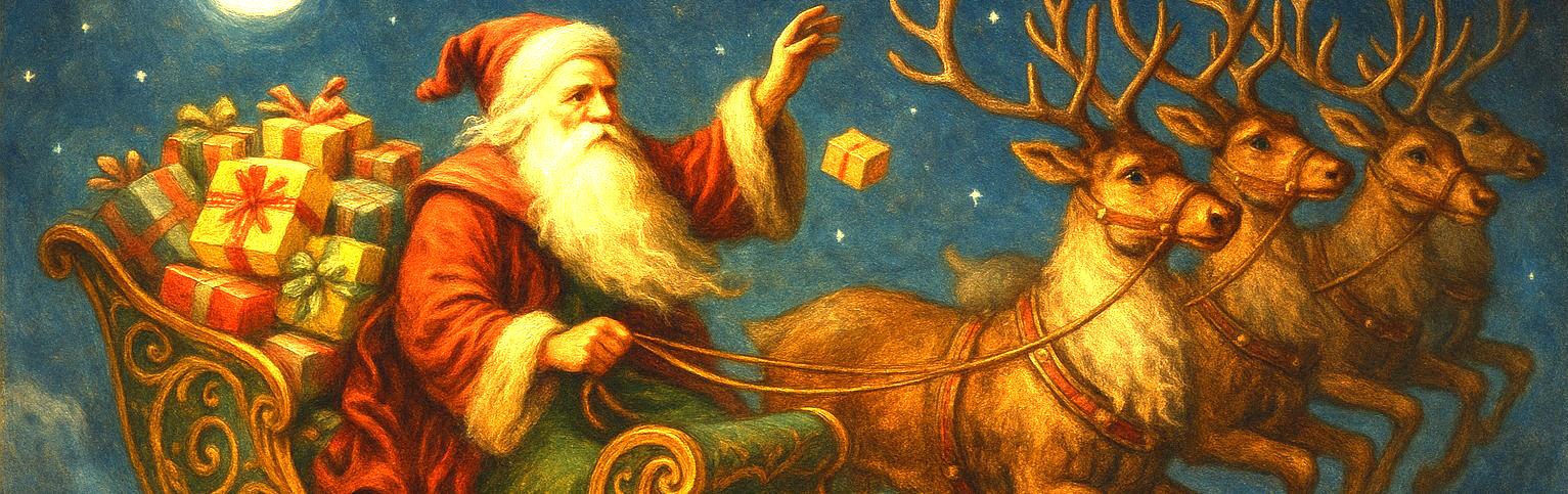 Vintage-style illustration of Santa Claus in his sleigh with reindeer against a night sky.