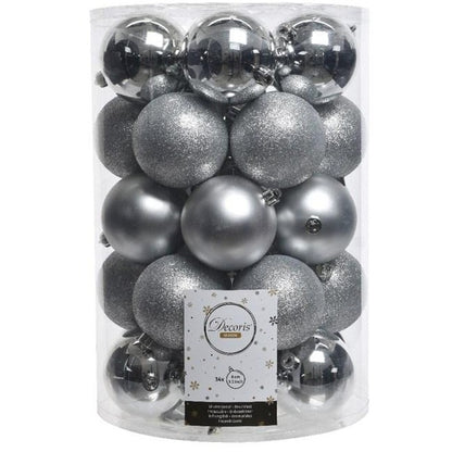 Set of 34 Mixed Silver Shatterproof Christmas Baubles