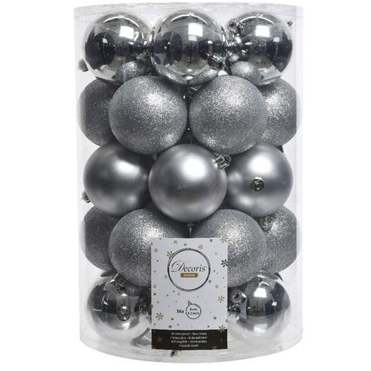 Set of 34 Mixed Silver Shatterproof Christmas Baubles