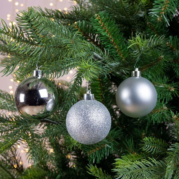 Set of 34 Mixed Silver Shatterproof Christmas Baubles