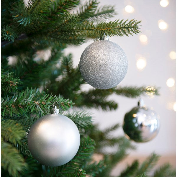 Set of 34 Mixed Silver Shatterproof Christmas Baubles