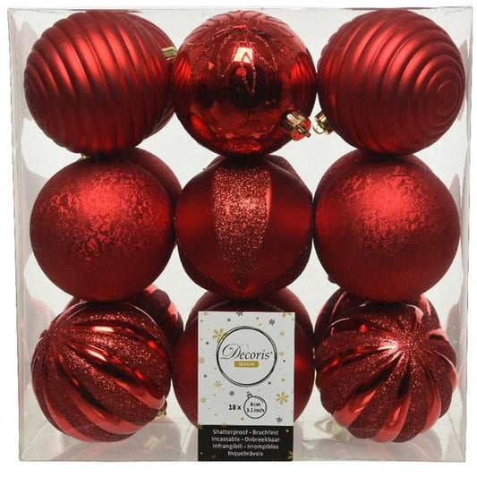 Set of 18 Christmas Red Mixed Patterned Baubles 8cm