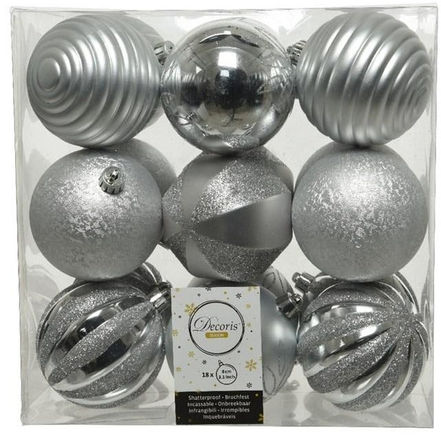 Set of 18 Silver Mixed Patterned Baubles 8cm