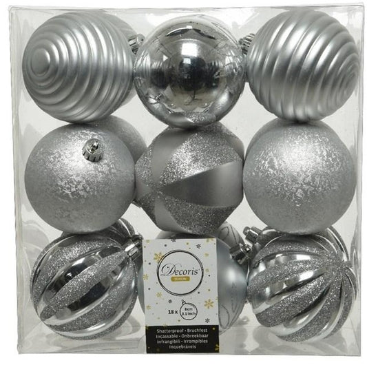 Set of 18 Silver Mixed Patterned Baubles 8cm