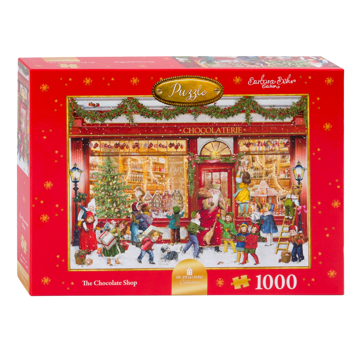 A 1000 piece jigsaw puzzle box featuring a Victorian inspired chocolate shop scene with Christmas decorations.