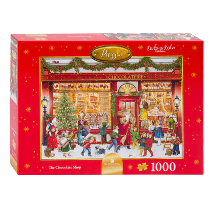 A 1000 piece jigsaw puzzle box featuring a Victorian inspired chocolate shop scene with Christmas decorations.