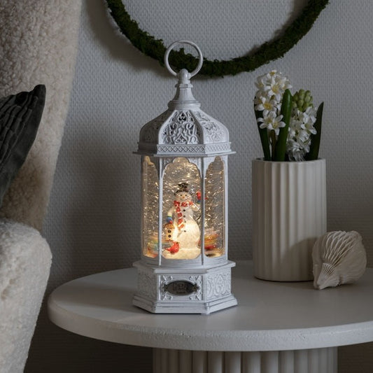 Konstsmide Antique White Snowman Scene Christmas Water Lantern with Bluetooth Speaker
