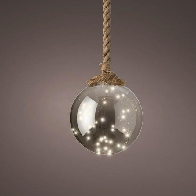 Lumineo Smokey Glass Micro LED Ball with Jute Rope Christmas Decoration 19cm