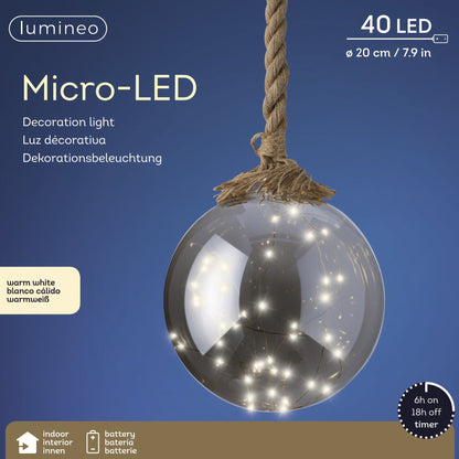 Lumineo Smokey Glass Micro LED Ball with Jute Rope Christmas Decoration 19cm