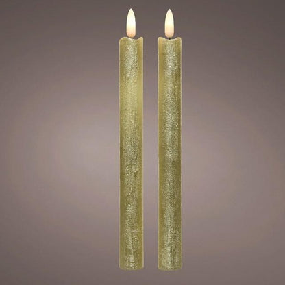 Picture image of two rustic gold dinner candles with warm white LED wicks.