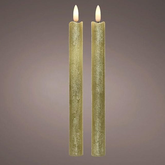 Picture image of two rustic gold dinner candles with warm white LED wicks.