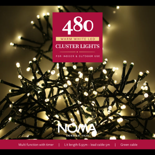 Noma 480 Christmas Cluster Lights Warm White Green Cable