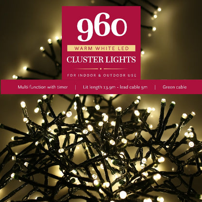 Noma 960 Christmas Cluster Lights Warm White Green Cable