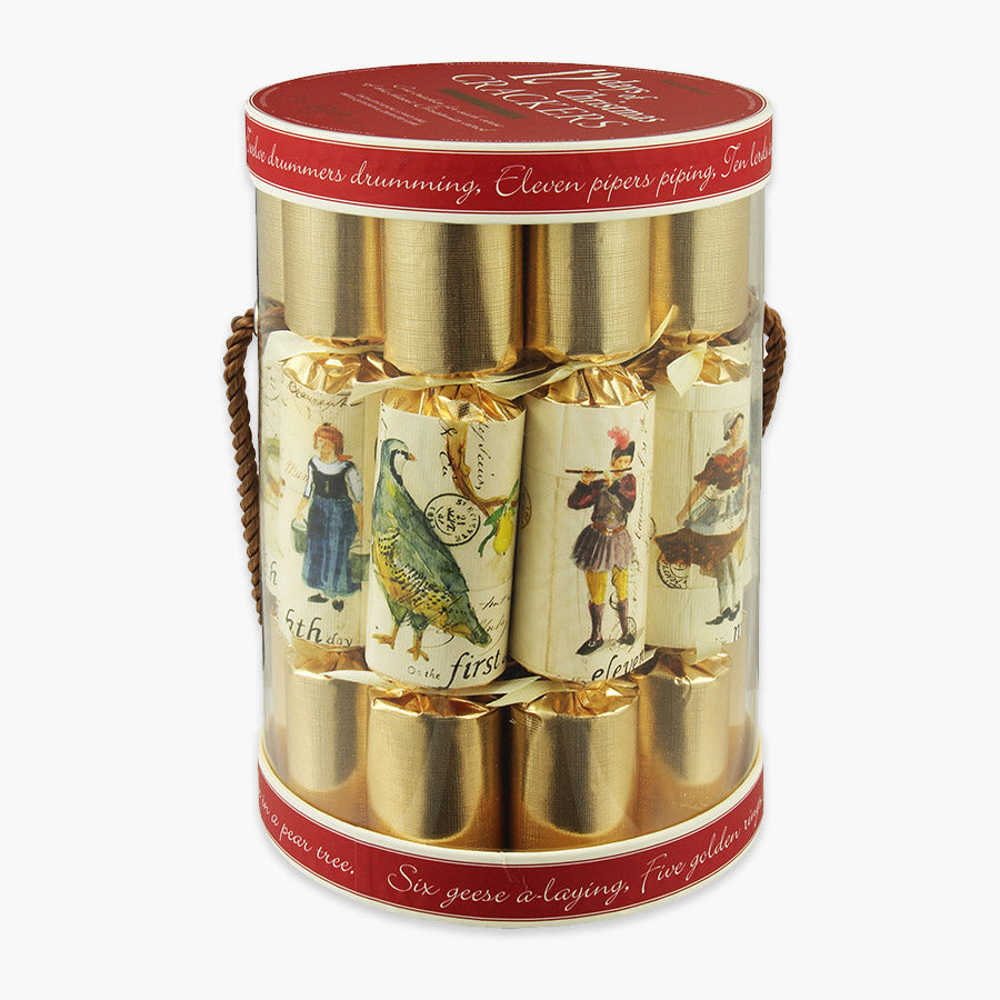 A set of 12 gold-colored Christmas crackers with various festive designs, bound together by a red ribbon.