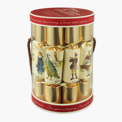A set of 12 gold-colored Christmas crackers with various festive designs, bound together by a red ribbon.