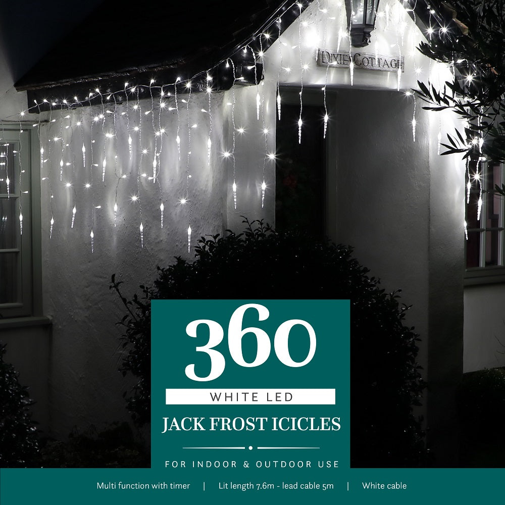 String lights designed to resemble jack frost icicles, with a white cable and multiple light bulbs, displayed outdoors at night.