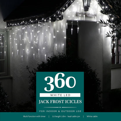 String lights designed to resemble jack frost icicles, with a white cable and multiple light bulbs, displayed outdoors at night.