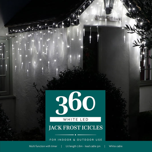 String lights designed to resemble jack frost icicles, with a white cable and multiple light bulbs, displayed outdoors at night.